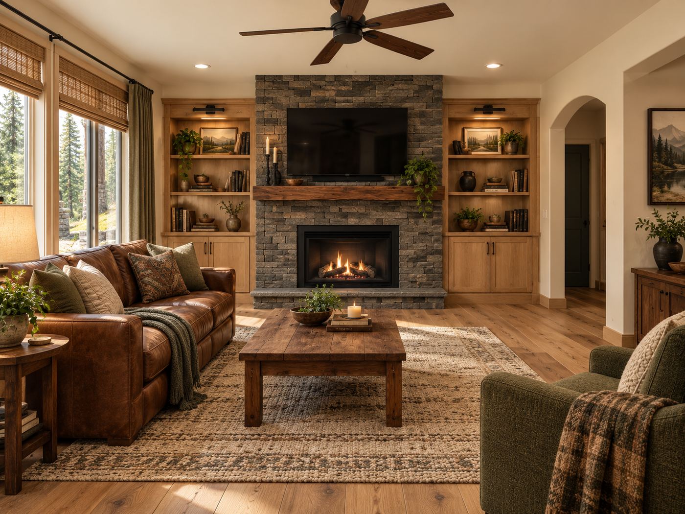Remodeled living room with stone fireplace