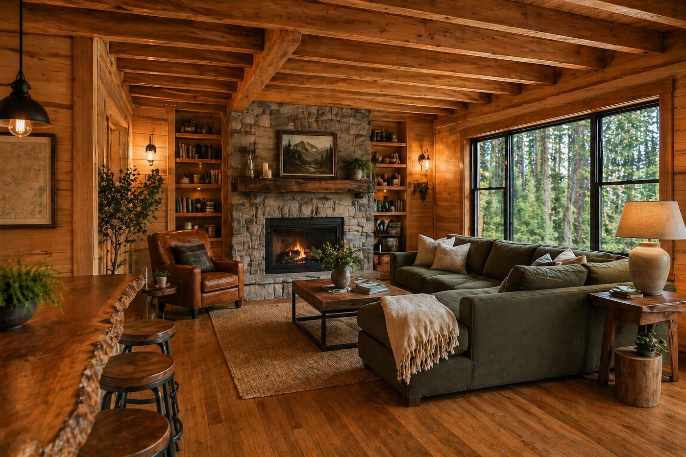 Cabin living room with stone fireplace